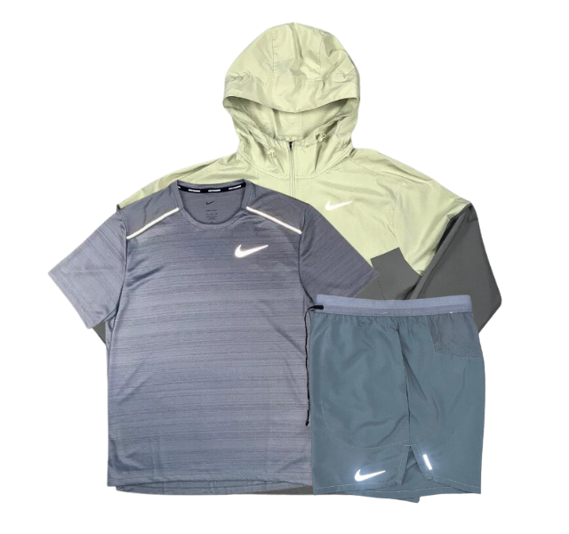 Nike Miler T-Shirt - Windrunner - Flex Stride Shorts Outfit - Grey/Olive Aura/Grey