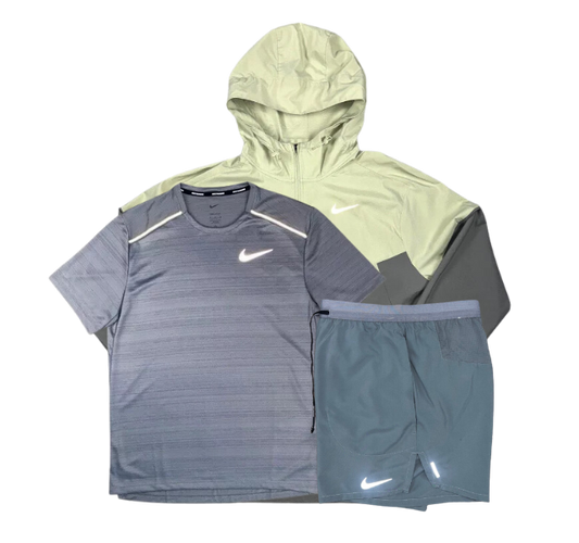 Nike Miler T-Shirt - Windrunner - Flex Stride Shorts Outfit - Grey/Olive Aura/Grey
