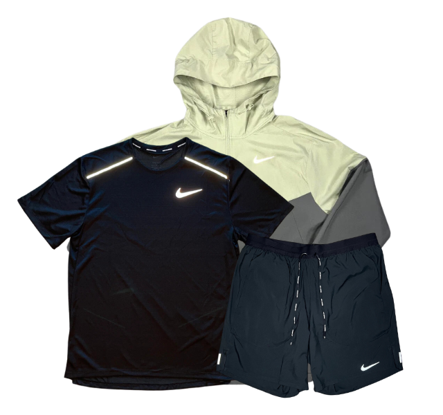 Nike Miler T-Shirt - Windrunner - Flex Stride Shorts Outfit - Black/Olive Aura/Black