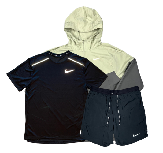 Nike Miler T-Shirt - Windrunner - Flex Stride Shorts Outfit - Black/Olive Aura/Black