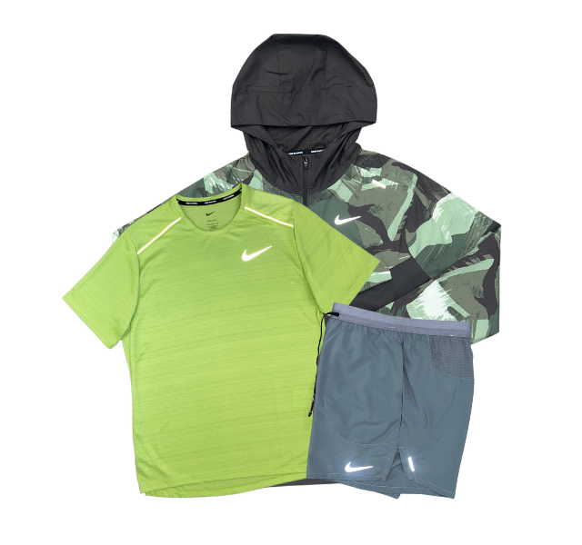 Nike Miler T-Shirt - Windrunner - Flex Stride Shorts Outfit - Oil Green/Vivid Green/Smoke Grey - Active Vault