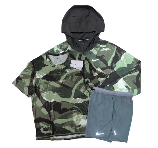Nike Miler T-Shirt - Windrunner - Flex Stride Shorts Outfit - Oil Green Camo/Smoke Grey - Active Vault