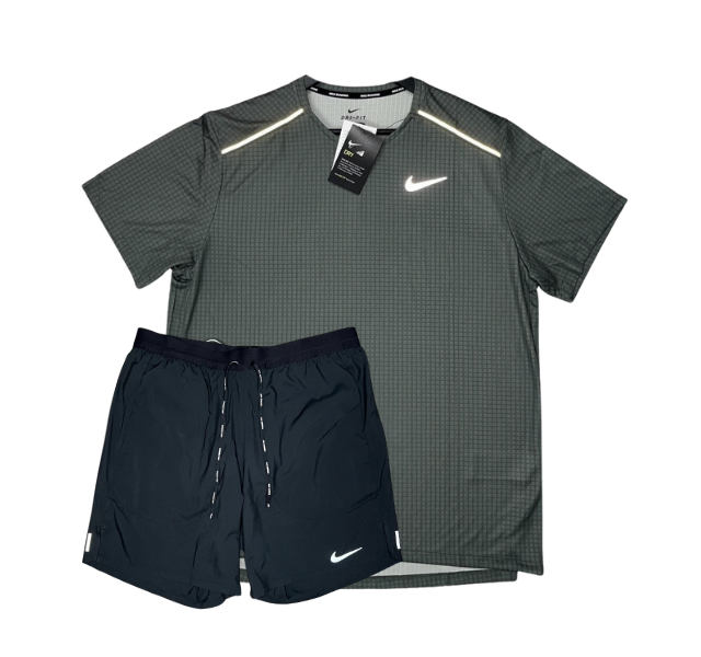 Nike Grid Miler T-Shirt and Flex Stride Shorts Set - Khaki/Black