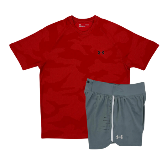 Under Armour Tech Velocity Jacquard Camo T-Shirt and Speedpocket 7 Inch Shorts Set - Red/Grey - Active Vault