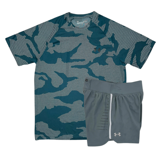Under Armour Tech Velocity Jacquard Camo T-Shirt and Speedpocket 7 Inch Shorts Set - Turquoise/Grey - Active Vault