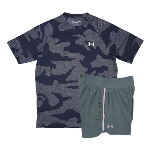 Under Armour Tech Velocity Jacquard Camo T-Shirt and Speedpocket 7 Inch Shorts Set - Navy/Grey - Active Vault