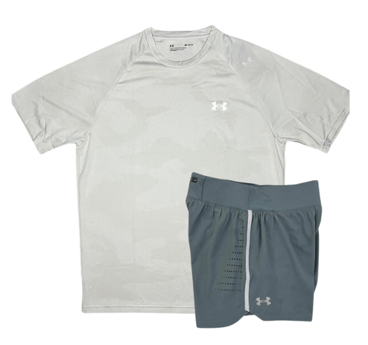 Under Armour Tech Velocity Jacquard Camo T-Shirt and Speedpocket 7 Inch Shorts Set - White/Grey - Active Vault