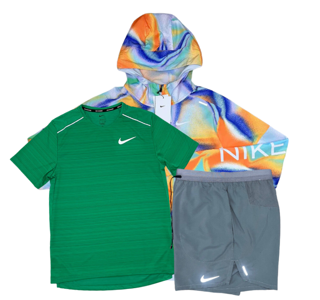 Nike Miler T-Shirt - Windrunner - Flex Stride Shorts Outfit - Stadium Green/Metallic Rainbow/Grey