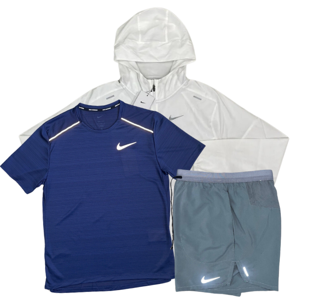 Nike Miler T-Shirt - Windrunner - Flex Stride Shorts Outfit - Navy/White/Grey