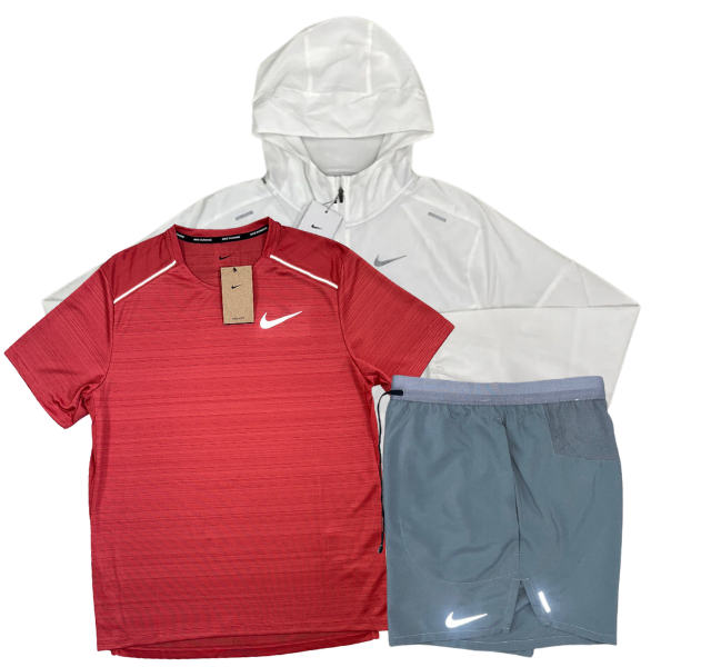 Nike Miler T-Shirt - Windrunner - Flex Stride Shorts Outfit - Adobe Red/White/Grey