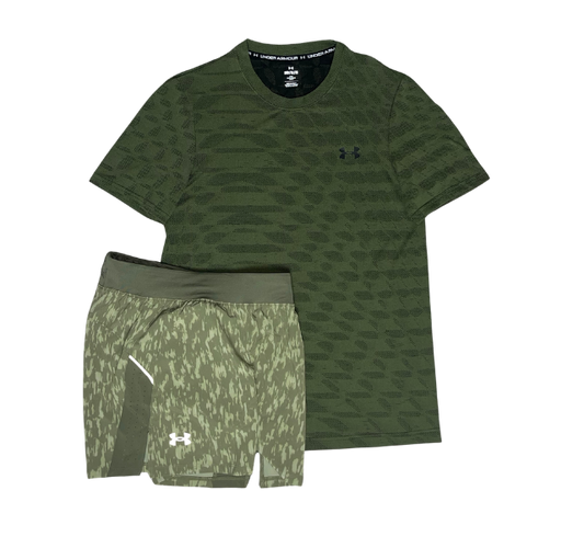 Under Armour Seamless Ripple T-Shirt and Launch 5 Inch Shorts Set - Marine Green - Active Vault