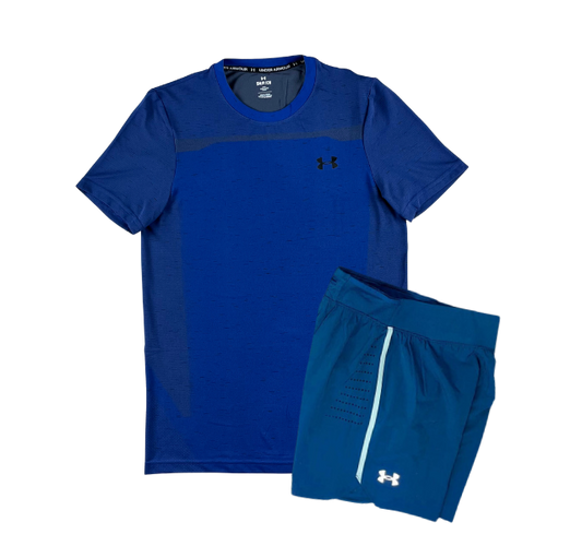 Under Armour Seamless T-Shirt and Speedpocket 7 Inch Shorts Set - Blue/Blue - Active Vault