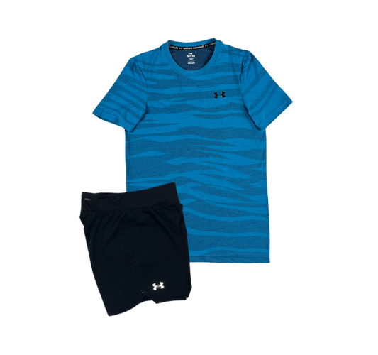 Under Armour Seamless Wave T-Shirt and Speedpocket 7 Inch Shorts Set - Blue/Black - Active Vault