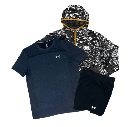 Under Armour Seamless T-Shirt - Windbreaker - Speedpocket Shorts Outfit - Black/Grey Camo - Active Vault